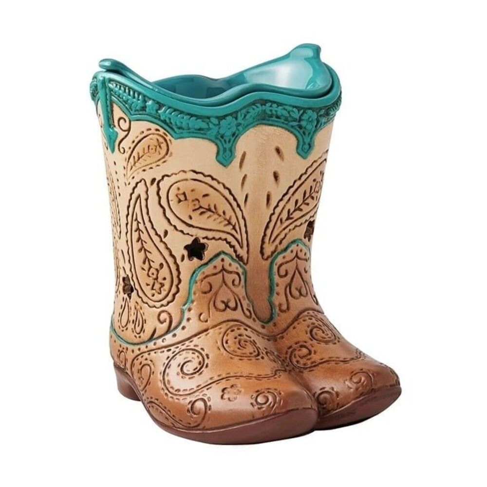 Pioneer Woman Boots Wax Warmer Full Size Teal Brown Tan Western Design Stoneware
